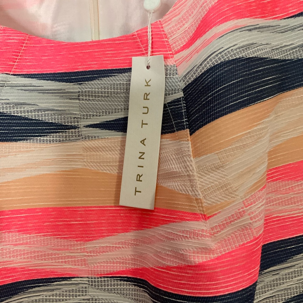 Trina Turk Kurdson Sleeveless Sheath Pink, Navy & Tan Stipe Pattern Dress Sz 12 - Picture 7 of 16
